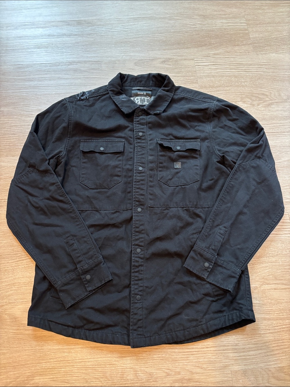 Roark Men’s Medium Black Hebrides Jacket Shacket Denim Heavyweight Logo Distress